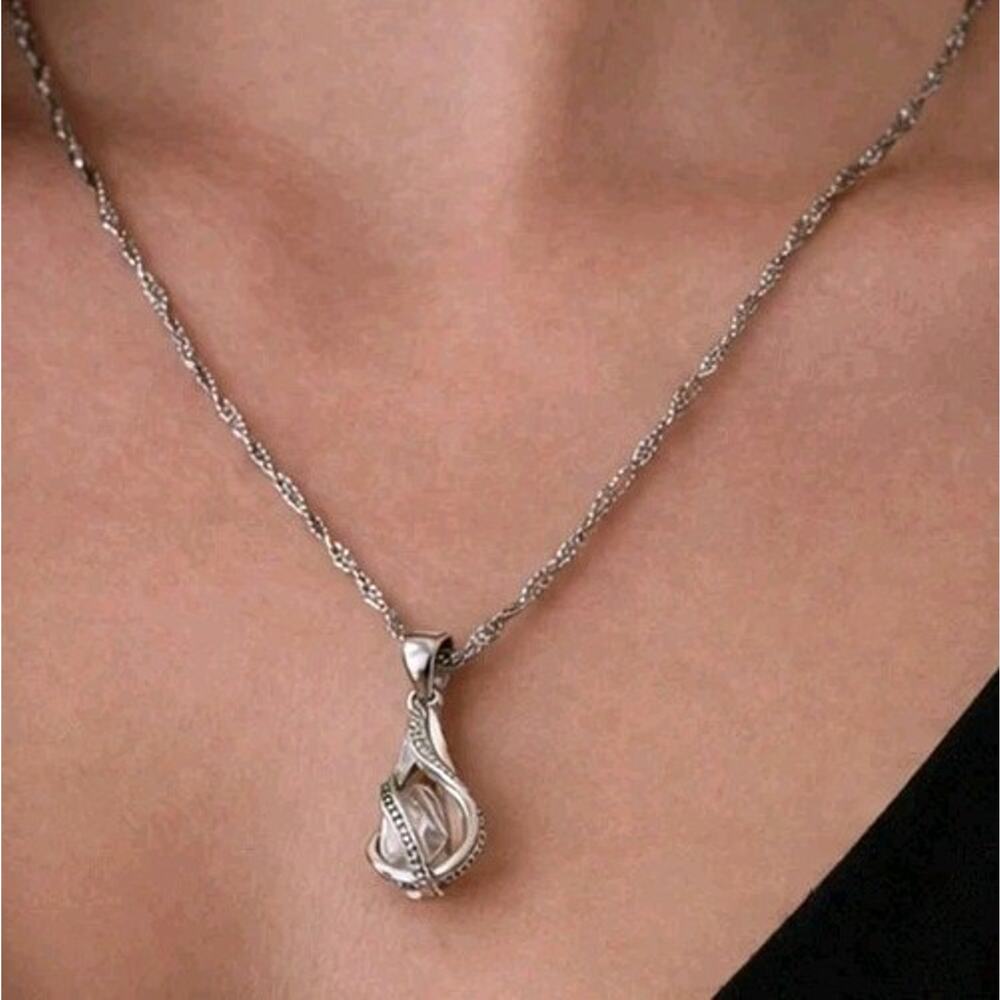 Sterling Silver Caged Glass Clear Rhinestone Pendant Necklace 18" N-TN11